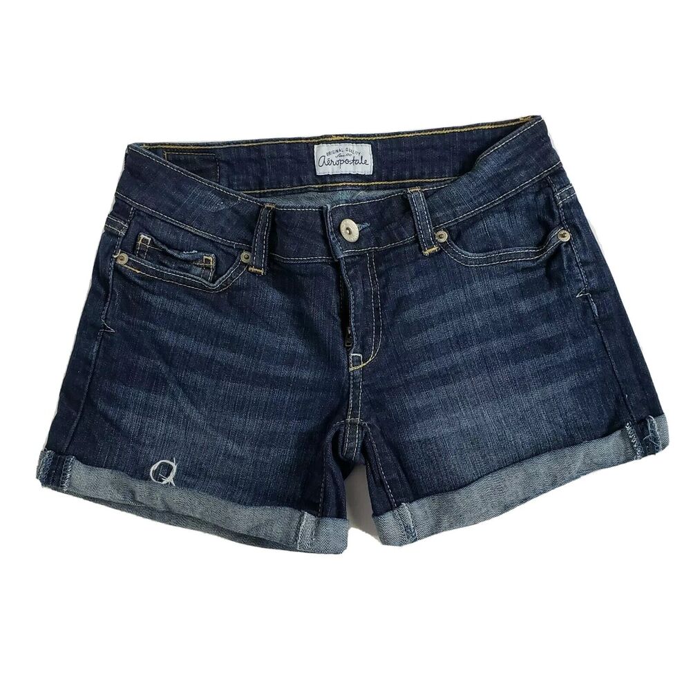 Aeropostale Womens Jean Shorts Size 0 Blue Denim Cuffed Dark Wash Booty